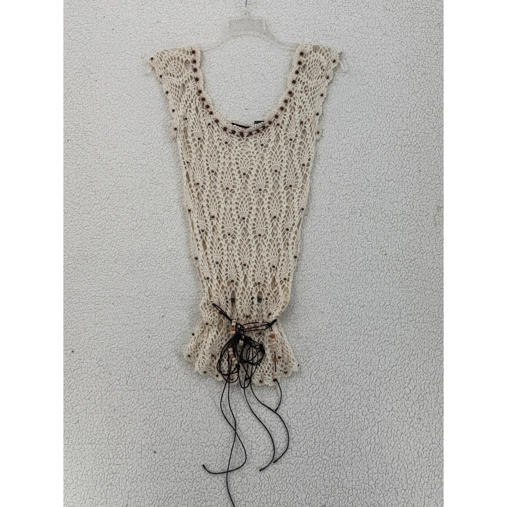 SayWhat? Crochet Tunic Top Women Size M Cream Sleeveless Boho Rope Belt Festival